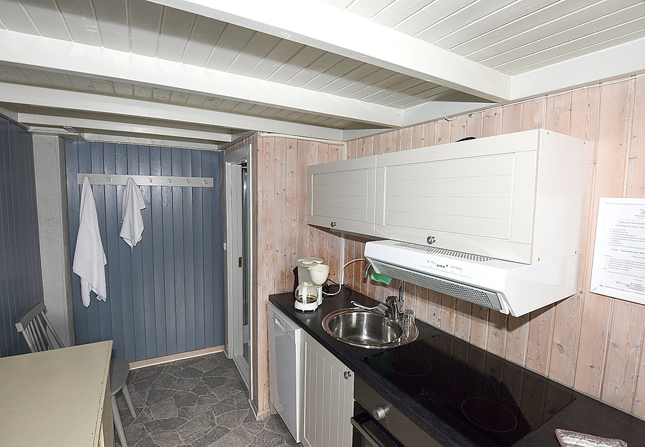 Küchenecke im Rorbu Garnbua mit Backofen und Geschirrspüler.