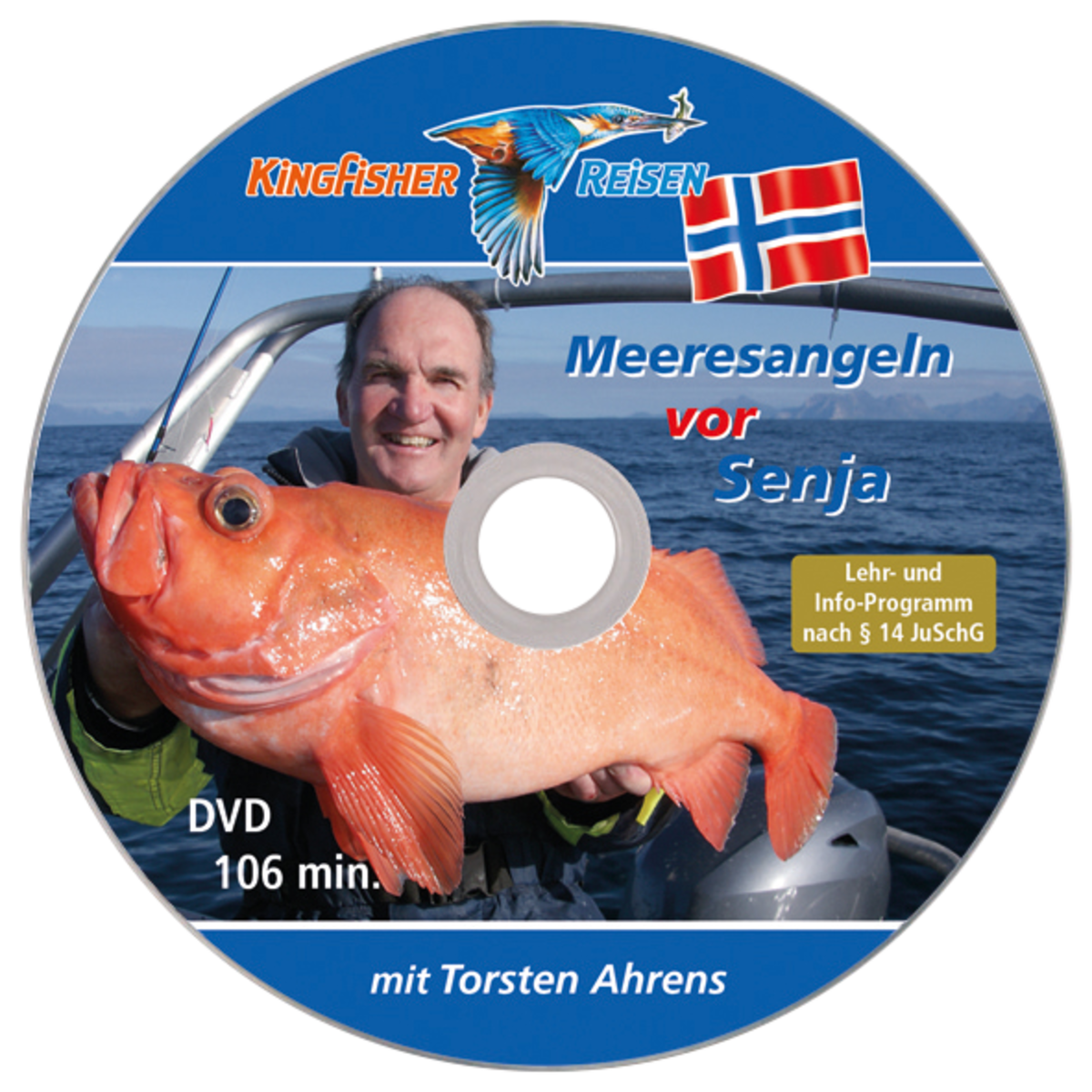 Eine bedruckte DVD zum Thema Meeresangeln vor Senja.