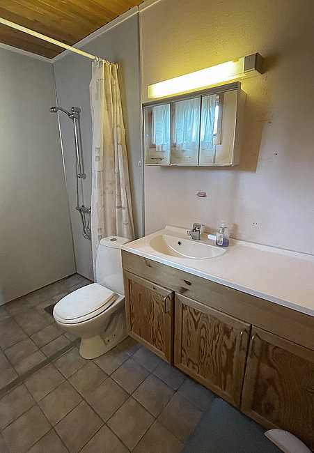 Das Badezimmer mit Dusche / WC im Haus 4 in Finnkroken.