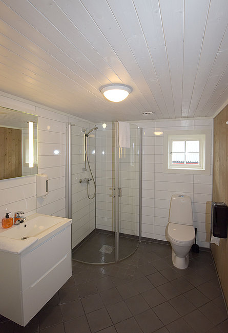 Großes Bad mit Dusche und WC im Apartment vom Typ 3+.