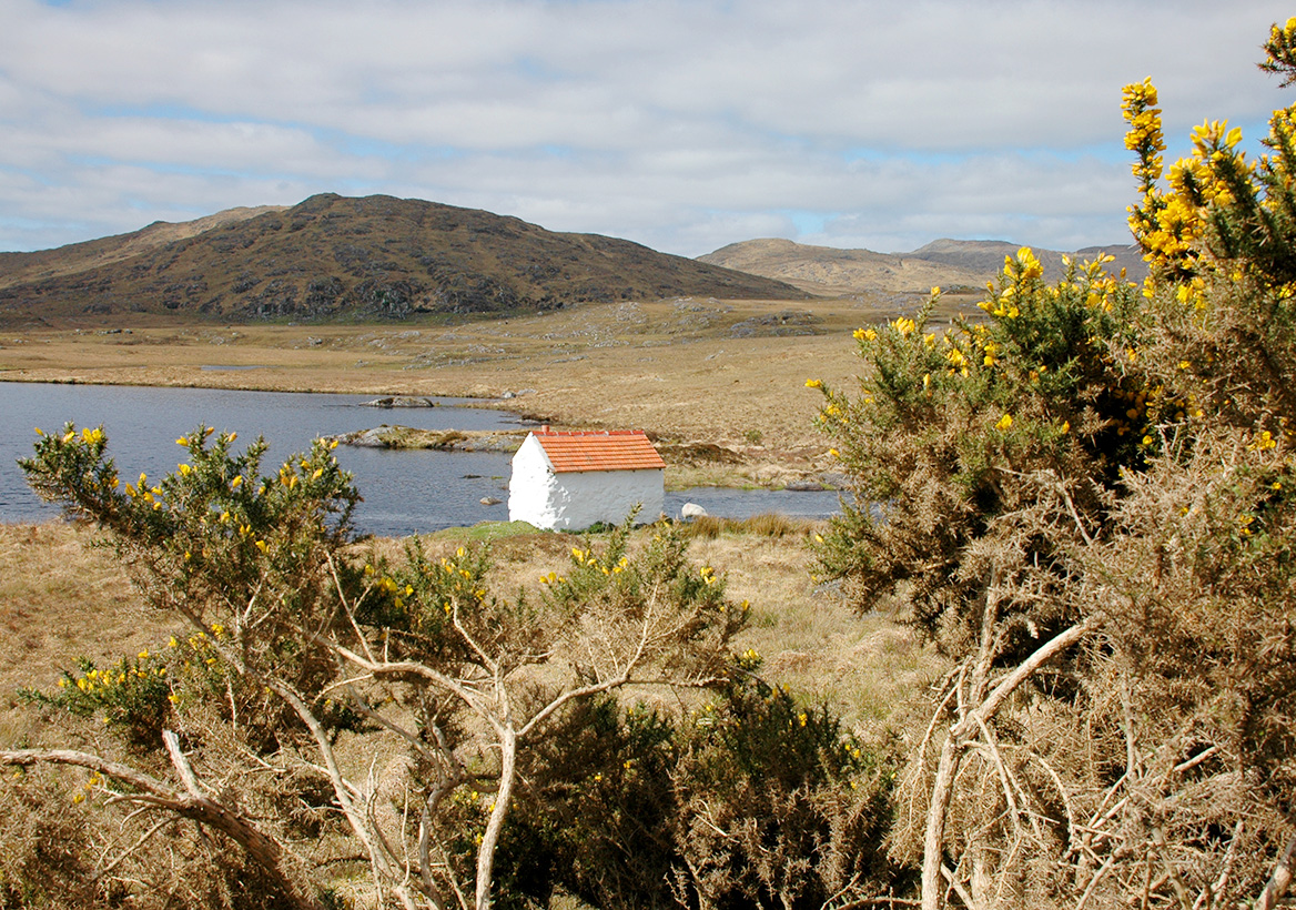 Eine Anglerhütte steht einsam am Ufer des Lough Mask.