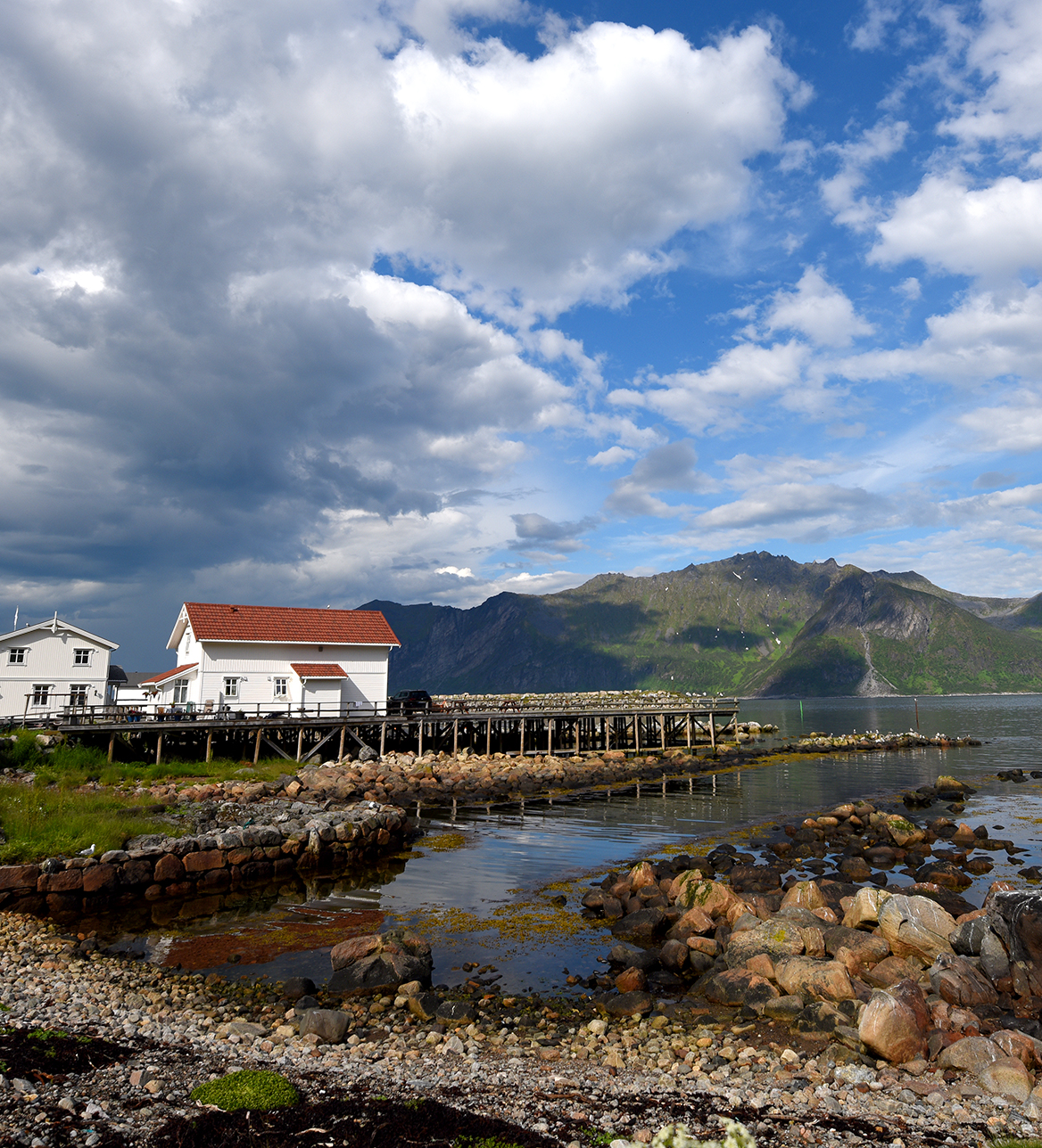 Ein idyllisches Fischerdorf an der Küste von Norwegen.